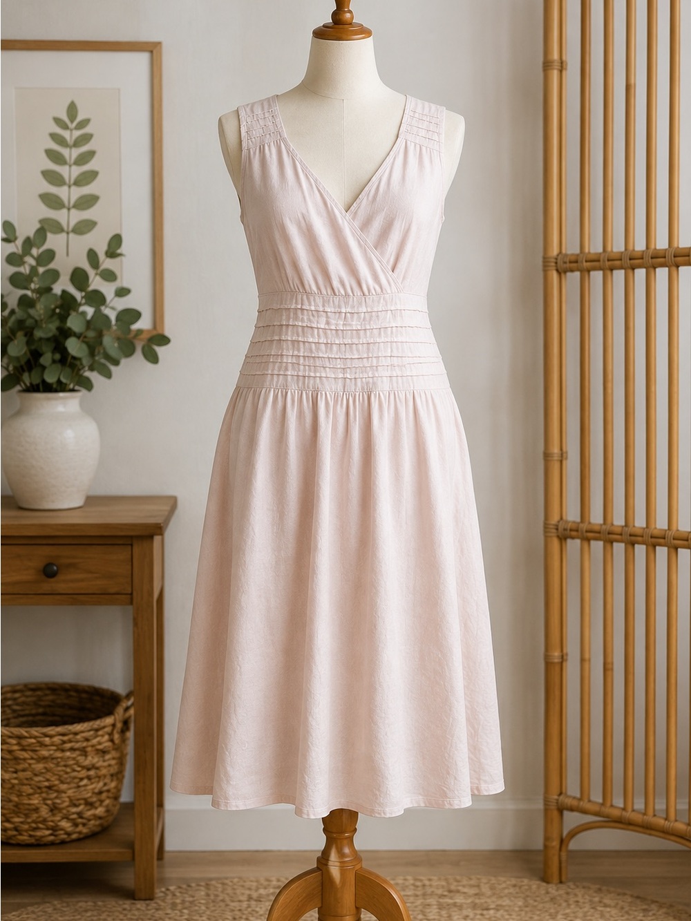 Piazza Roma Linen Blend Sleeveless Pink Midi Dress Medium Cottagecore Beach